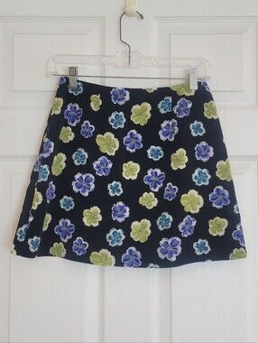Vintage 90s Necessary Objects Black Circle Skirt with Blue & Lime Floral Print